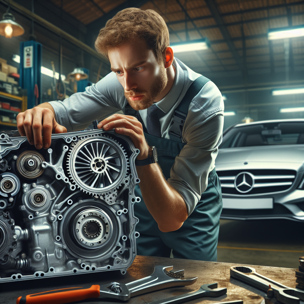 Podwozie Mercedesa na podnośniku z widoczną skrzynią biegów gotową do demontażu